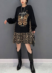 Style Black Oversized Patchwork Leopard Cotton Sweatshirt Dress Spring