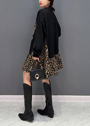 Style Black Oversized Patchwork Leopard Cotton Sweatshirt Dress Spring