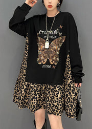 Style Black Oversized Patchwork Leopard Cotton Sweatshirt Dress Spring