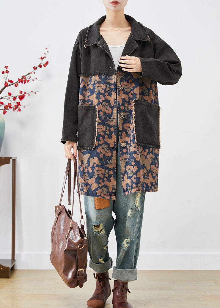 Style Black Oversized Patchwork Pockets Print Denim Trench Fall