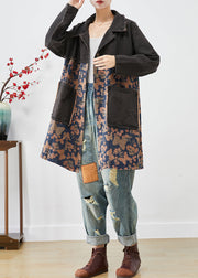 Style Black Oversized Patchwork Pockets Print Denim Trench Fall