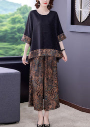 Style Black Oversized Patchwork Print Silk Two Pieces Set Summer