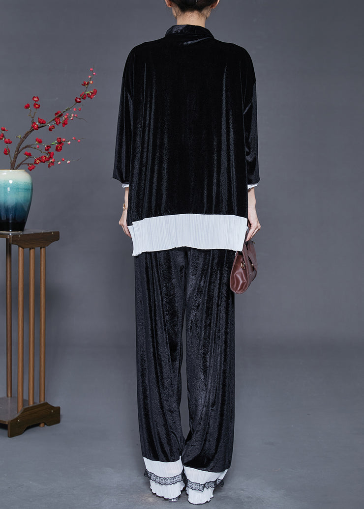 Style Black Oversized Patchwork Silk Velvet Women Sets 2 Pieces Fall