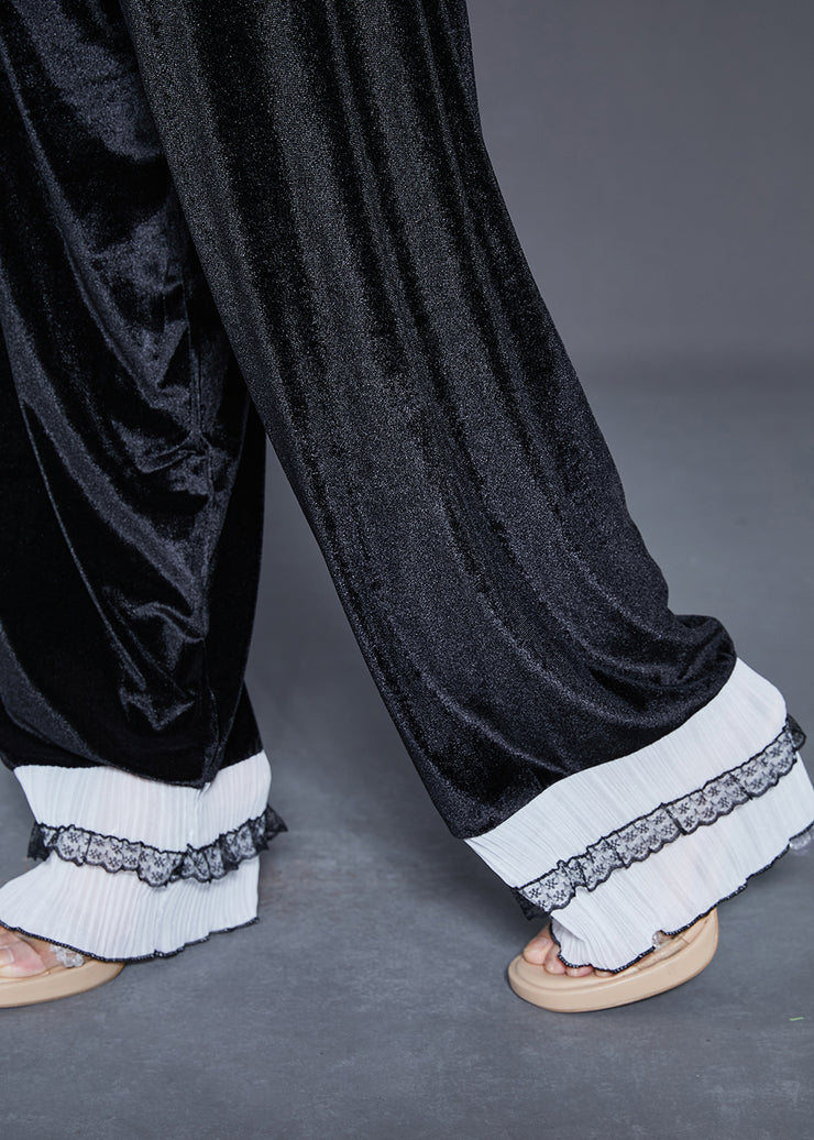 Style Black Oversized Patchwork Silk Velvet Women Sets 2 Pieces Fall