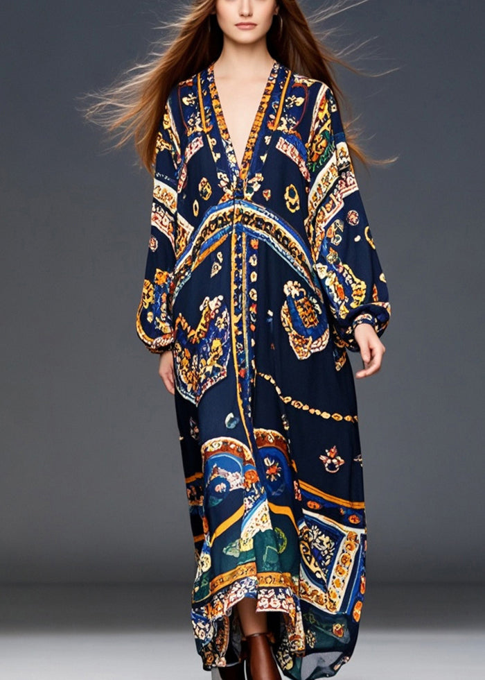 Style Black Oversized Print Chiffon Robe Dresses Spring