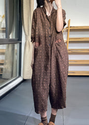 Style Black Oversized Print Linen Overalls Jumpsuit Half Sleeve