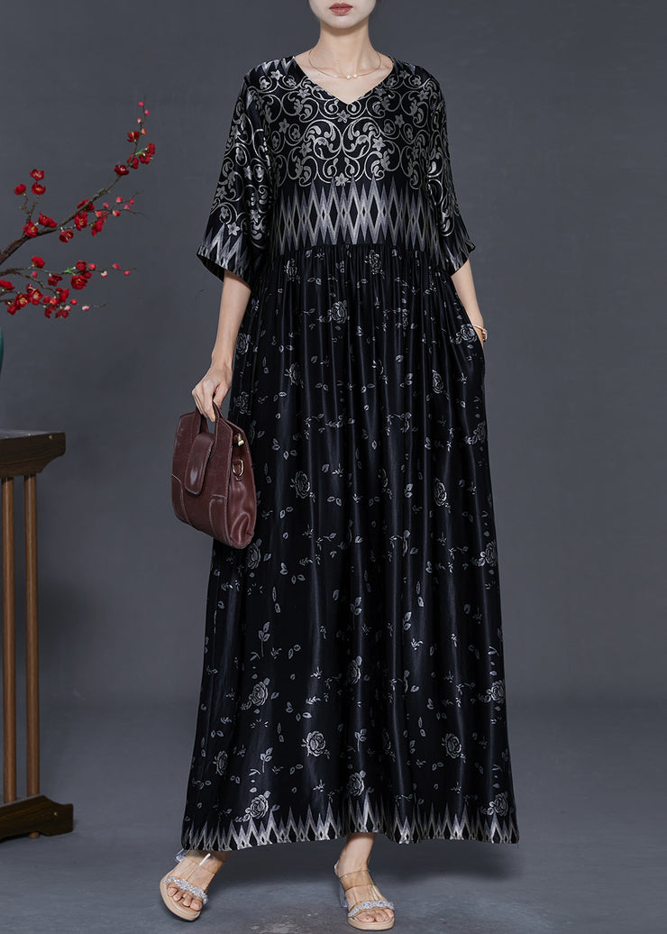 Style Black Oversized Print Silk Maxi Dresses Summer