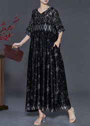 Style Black Oversized Print Silk Maxi Dresses Summer