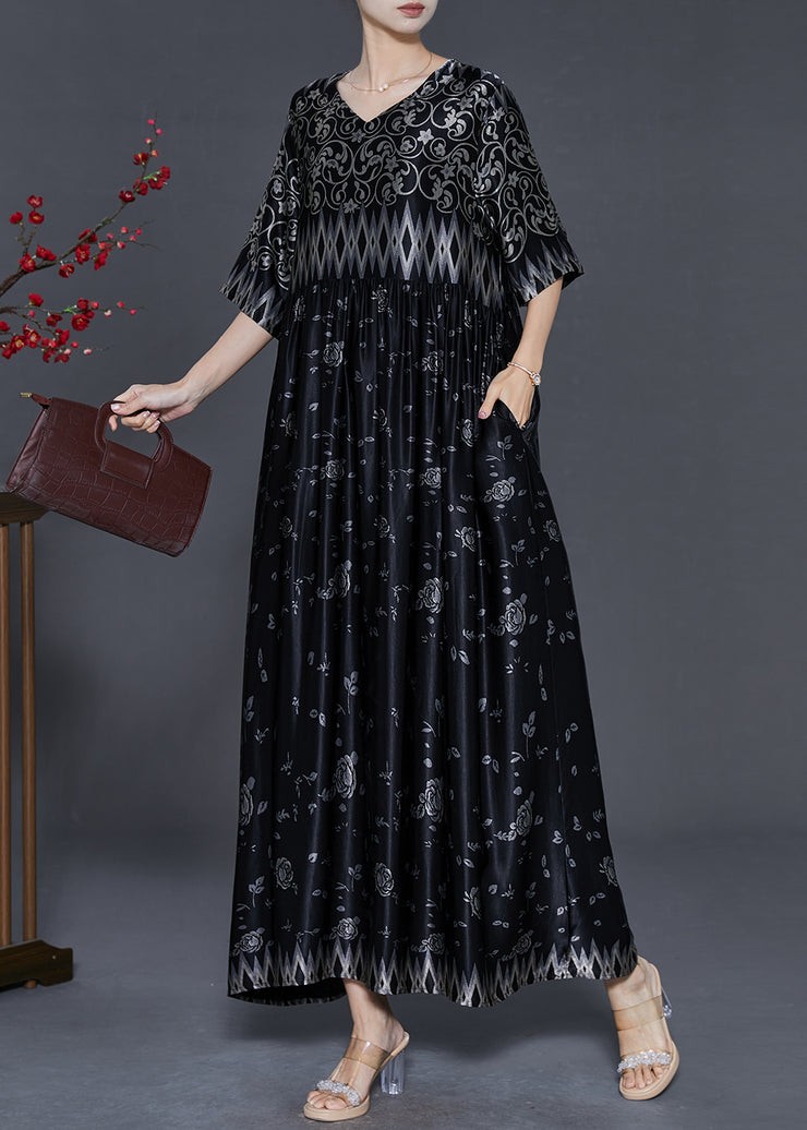 Style Black Oversized Print Silk Maxi Dresses Summer