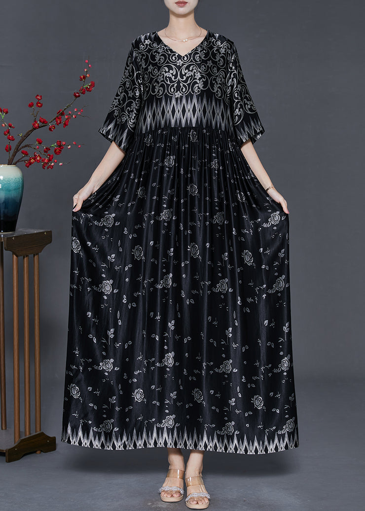 Style Black Oversized Print Silk Maxi Dresses Summer