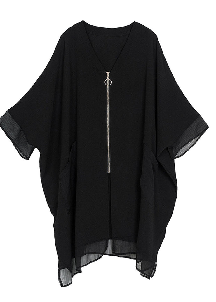 Style Black Oversized Zip Up Pockets Chiffon Coat Batwing Sleeve