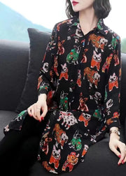 Style Black Peter Pan Collar Animal Print Patchwork Chiffon Shirts Summer