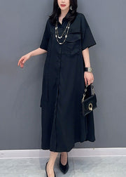 Style Black Peter Pan Collar Button Solid Maxi Shirts Dress Summer