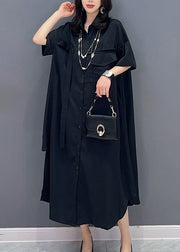 Style Black Peter Pan Collar Button Solid Maxi Shirts Dress Summer