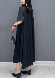 Style Black Peter Pan Collar Button Solid Maxi Shirts Dress Summer