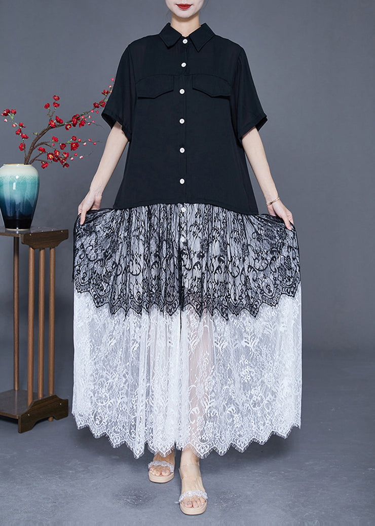 Style Black Peter Pan Collar Lace Patchwork Chiffon Long Dress Summer