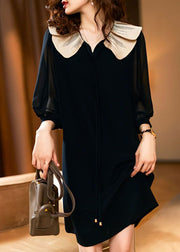 Style Black Peter Pan Collar Patchwork Chiffon Dress Spring