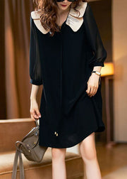 Style Black Peter Pan Collar Patchwork Chiffon Dress Spring