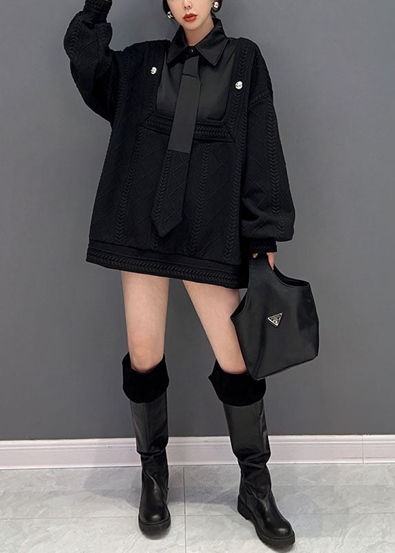 Style Black Peter Pan Collar Patchwork Knit Fake Two Piece Sweater Winter