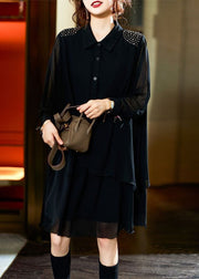 Style Black Peter Pan Collar Rivet Patchwork Chiffon Shirts Dresses Spring