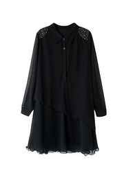 Style Black Peter Pan Collar Rivet Patchwork Chiffon Shirts Dresses Spring