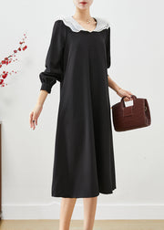 Style Black Peter Pan Collar Slim Fit Spandex Maxi Dress Fall