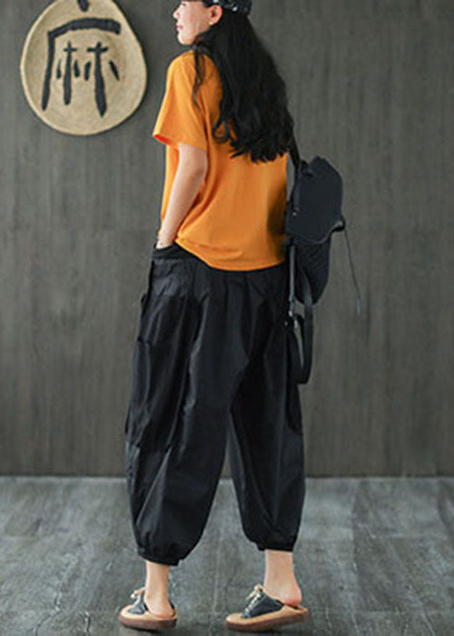 Style Black Pockets Patchwork Cotton Harem Pants Summer