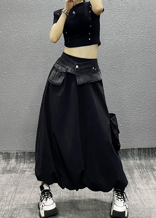 Style Black Pockets Patchwork Cotton Skirts Summer