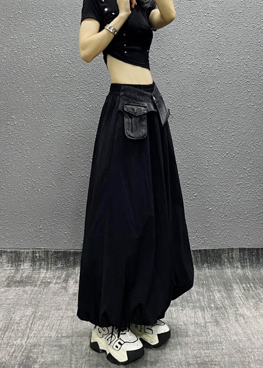 Style Black Pockets Patchwork Cotton Skirts Summer