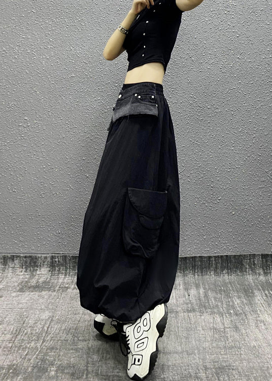 Style Black Pockets Patchwork Cotton Skirts Summer