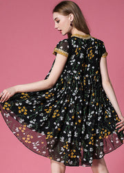 Style Black Print Low High Design Chiffon Pleated Dress Summer