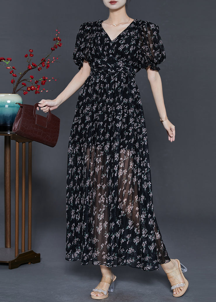 Style Black Puff Sleeve Print Chiffon Party Dress