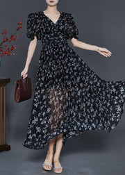 Style Black Puff Sleeve Print Chiffon Party Dress