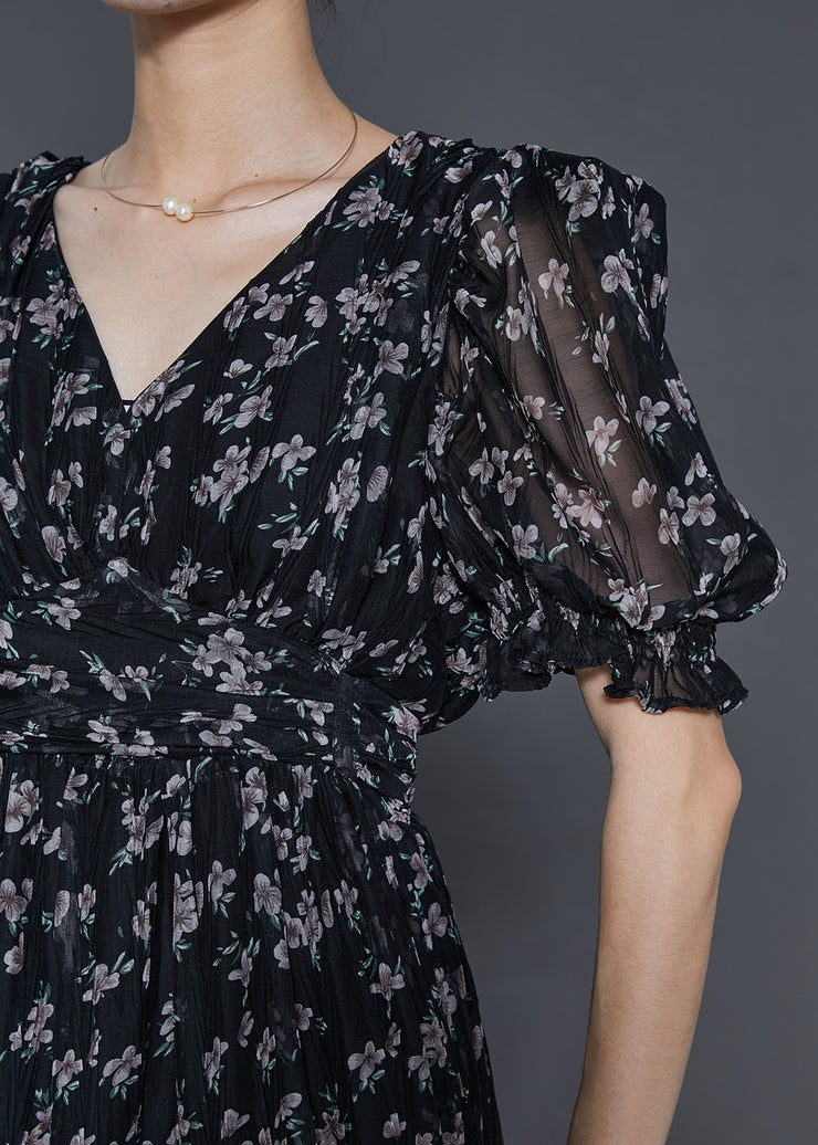 Style Black Puff Sleeve Print Chiffon Party Dress