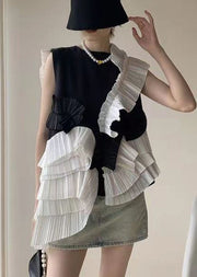 Style Black Ruffled Asymmetrical Patchwork Chiffon Top Sleeveless