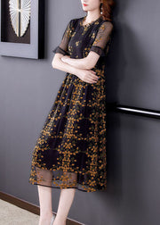 Style Black Ruffled Collar Embroideried Tulle Cinched Dress Summer