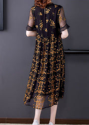 Style Black Ruffled Collar Embroideried Tulle Cinched Dress Summer