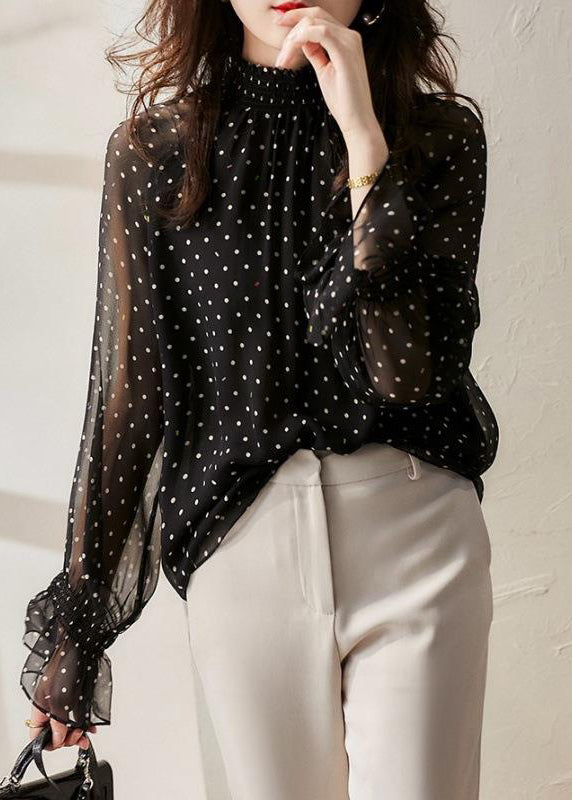 Style Black Ruffled Dot Print Silk Shirts Flare Sleeve