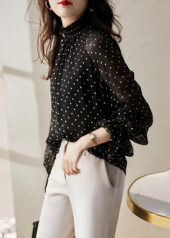 Style Black Ruffled Dot Print Silk Shirts Flare Sleeve