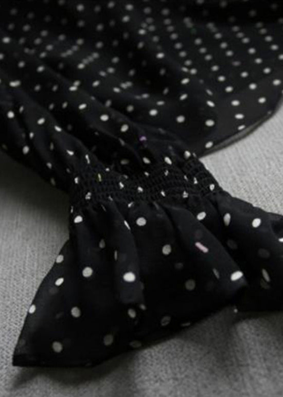 Style Black Ruffled Dot Print Silk Shirts Flare Sleeve