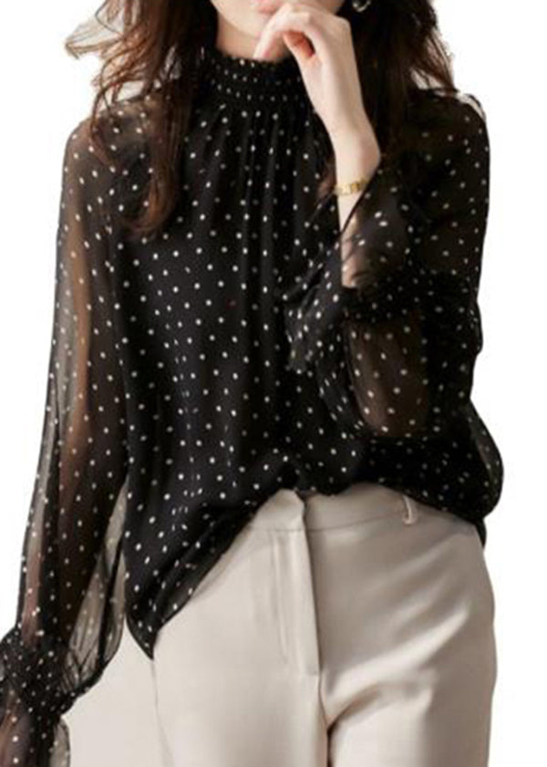 Style Black Ruffled Dot Print Silk Shirts Flare Sleeve