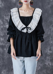 Style Black Ruffled Patchwork Cotton Blouses Fall