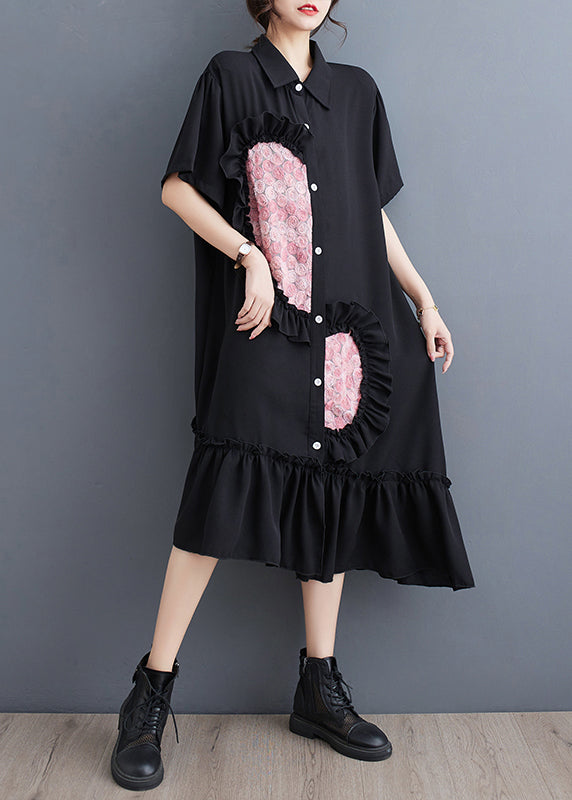 Style Black Ruffled Patchwork Cotton Shirt Dresses Summer