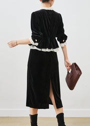 Style Black Ruffled Patchwork Silk Velour Dresses Fall