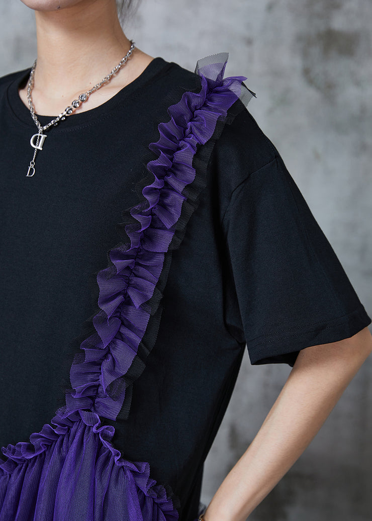 Style Black Ruffled Patchwork Tulle Cotton Mini Dress Summer