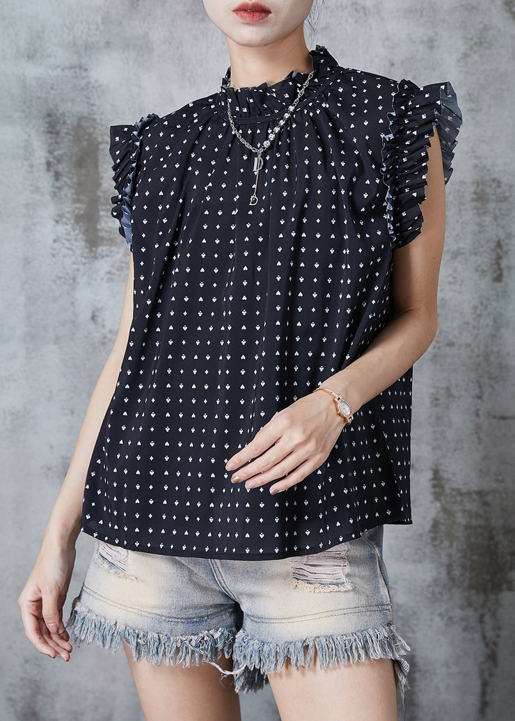 Style Black Ruffled Print Chiffon Tops Summer