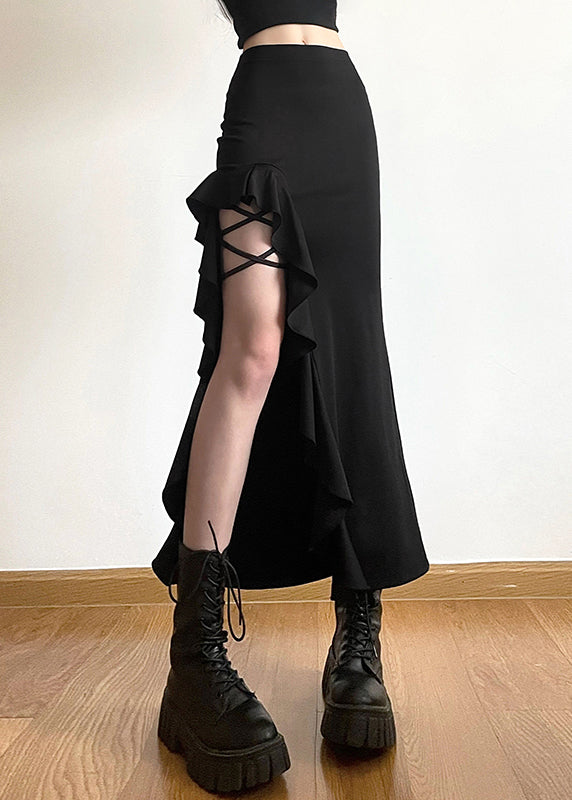 Style Black Ruffled Side Open Patchwork High Waist Skirts Summer