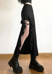 Style Black Ruffled Side Open Patchwork High Waist Skirts Summer