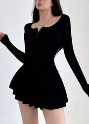 Style Black Square Collar Knit Mid Dresses Spring