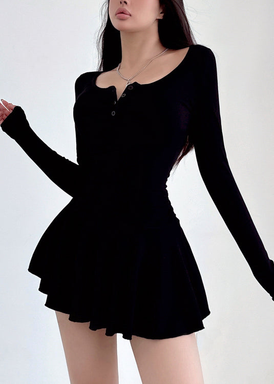 Style Black Square Collar Knit Mid Dresses Spring